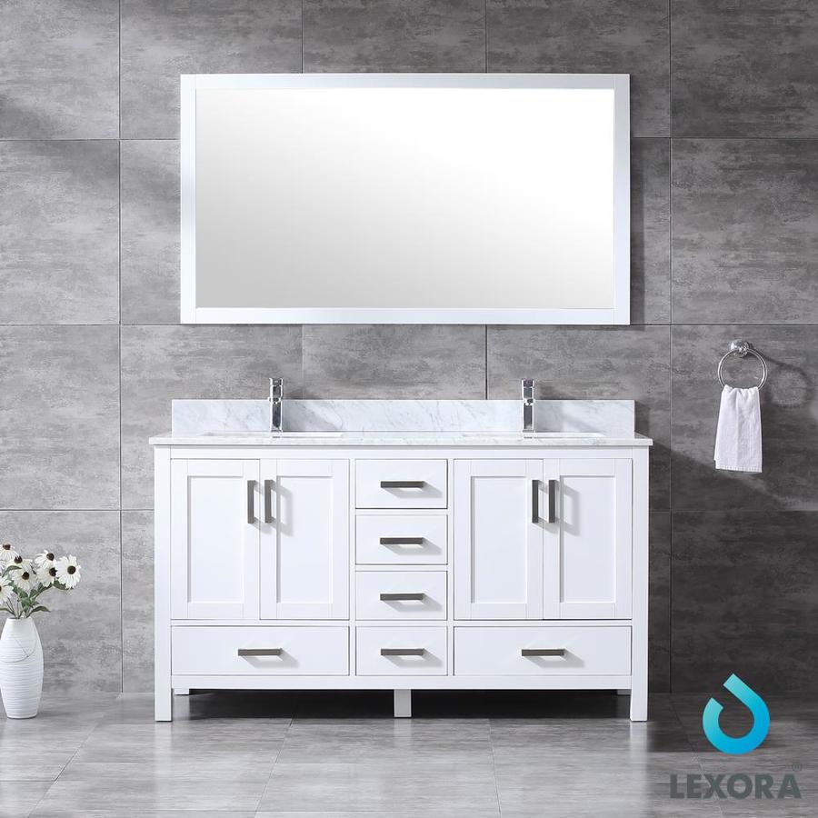 Jacques 60" White Double Vanity, White Carrara Marble Top, White Square Sinks and 58" Mirror w/ Faucets