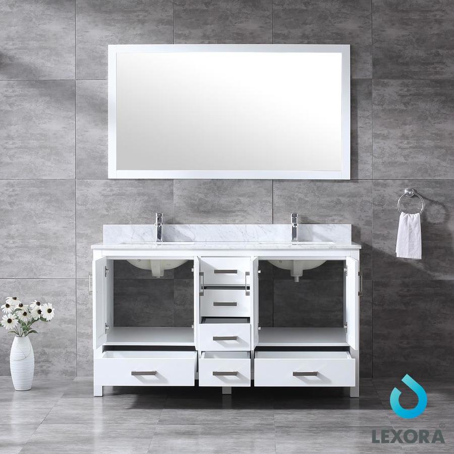 Jacques 60" White Double Vanity, White Carrara Marble Top, White Square Sinks and 58" Mirror w/ Faucets