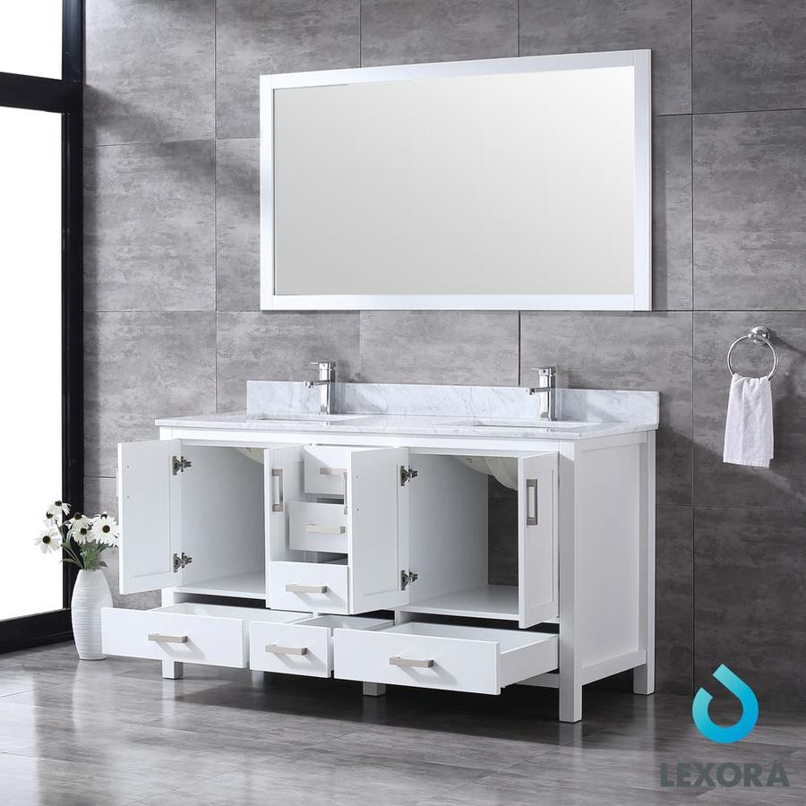 Jacques 60" White Double Vanity, White Carrara Marble Top, White Square Sinks and 58" Mirror w/ Faucets