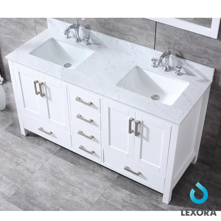 Jacques 60" White Double Vanity, White Carrara Marble Top, White Square Sinks and 58" Mirror w/ Faucets