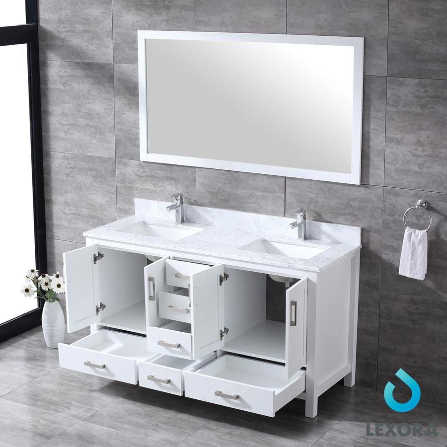 Jacques 60" White Double Vanity, White Carrara Marble Top, White Square Sinks and 58" Mirror w/ Faucets