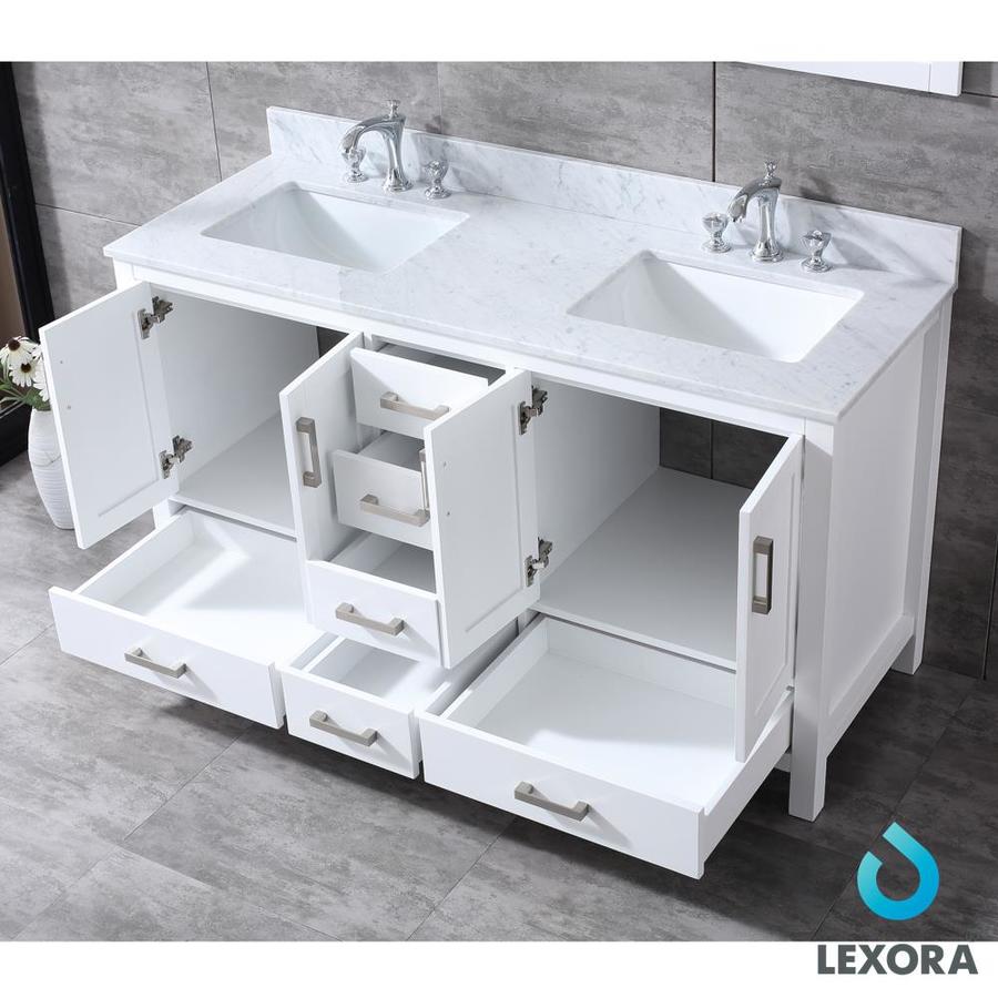 Jacques 60" White Double Vanity, White Carrara Marble Top, White Square Sinks and 58" Mirror w/ Faucets