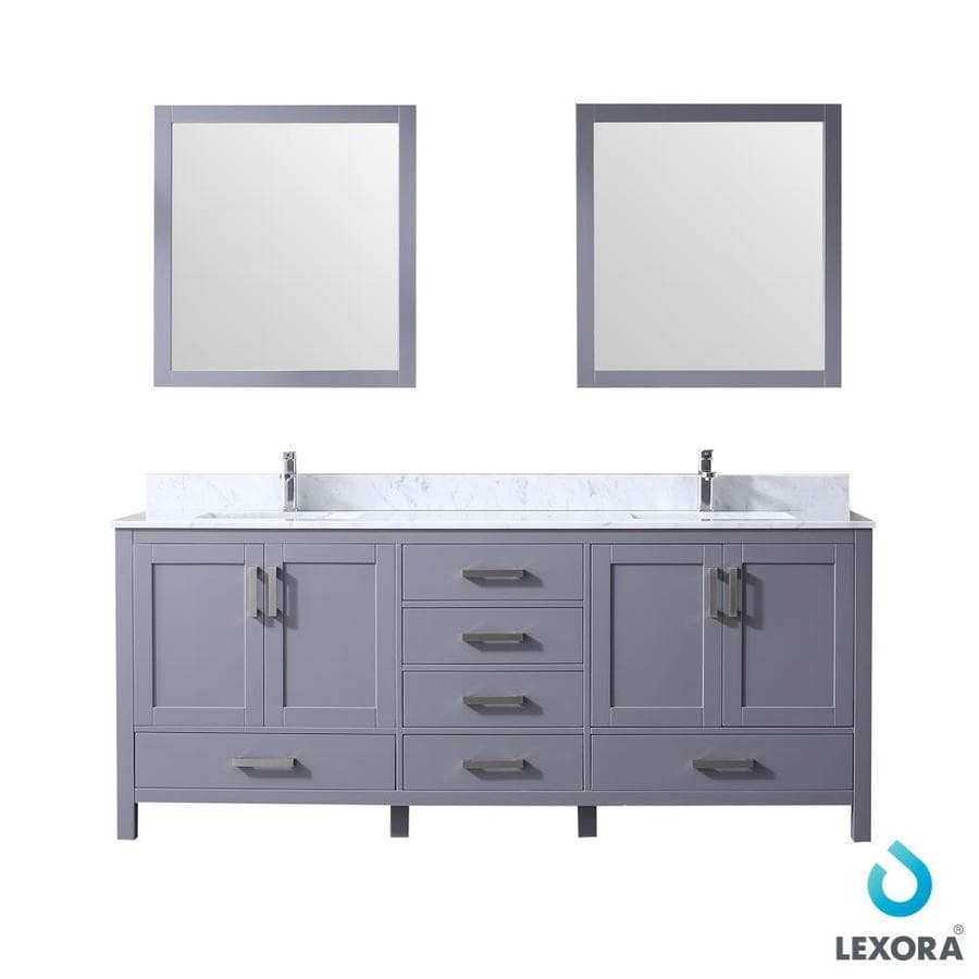Jacques 80" Dark Grey Double Vanity, White Carrara Marble Top, White Square Sinks and 30" Mirrors w/ Faucets