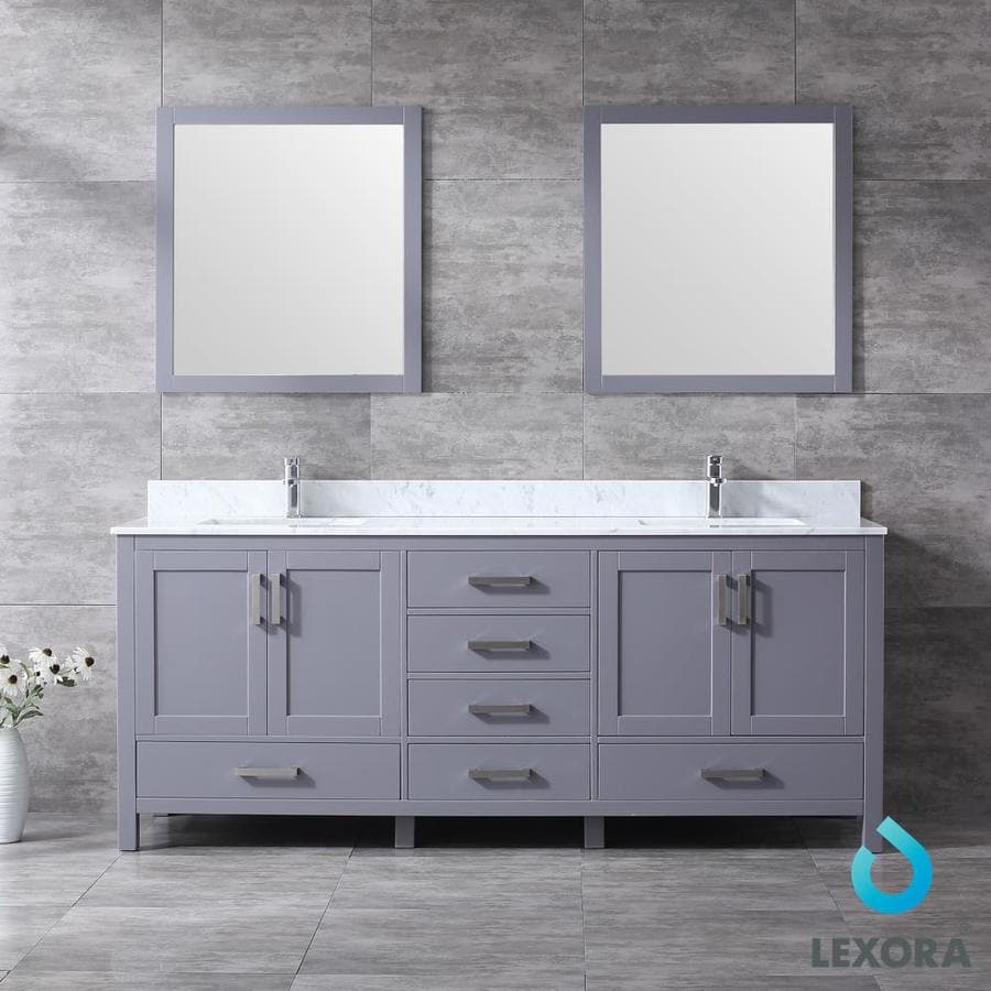 Jacques 80" Dark Grey Double Vanity, White Carrara Marble Top, White Square Sinks and 30" Mirrors w/ Faucets