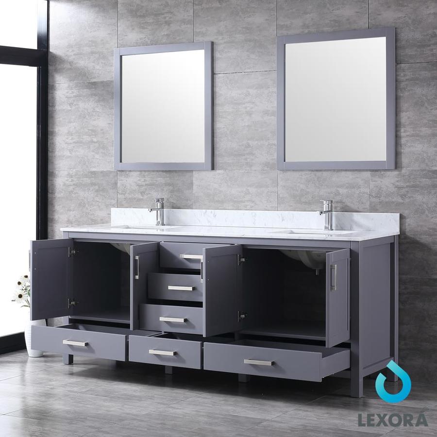 Jacques 80" Dark Grey Double Vanity, White Carrara Marble Top, White Square Sinks and 30" Mirrors w/ Faucets