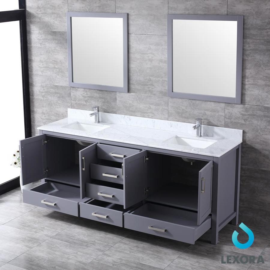Jacques 80" Dark Grey Double Vanity, White Carrara Marble Top, White Square Sinks and 30" Mirrors w/ Faucets