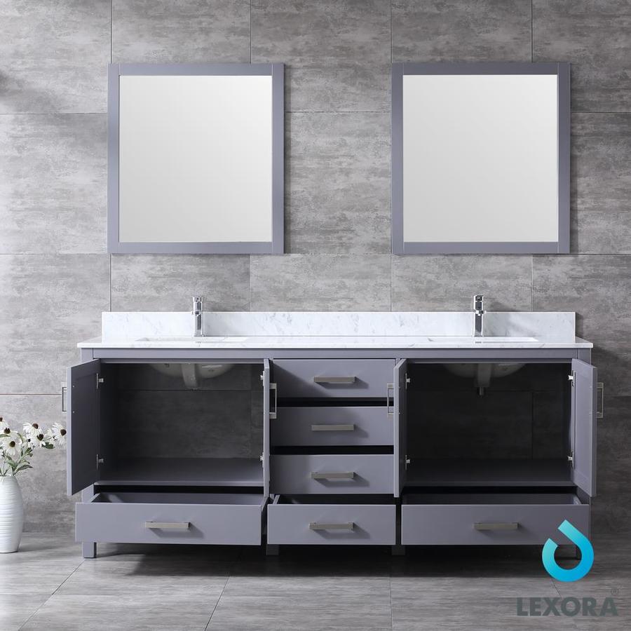 Jacques 80" Dark Grey Double Vanity, White Carrara Marble Top, White Square Sinks and 30" Mirrors w/ Faucets