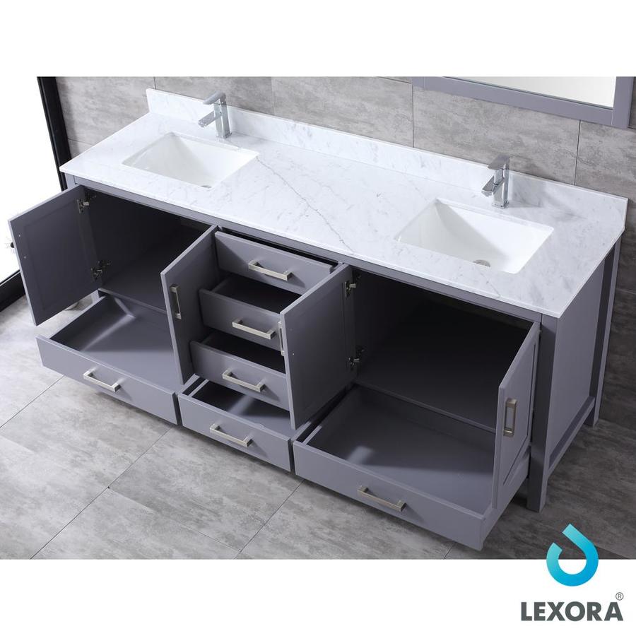 Jacques 80" Dark Grey Double Vanity, White Carrara Marble Top, White Square Sinks and 30" Mirrors w/ Faucets