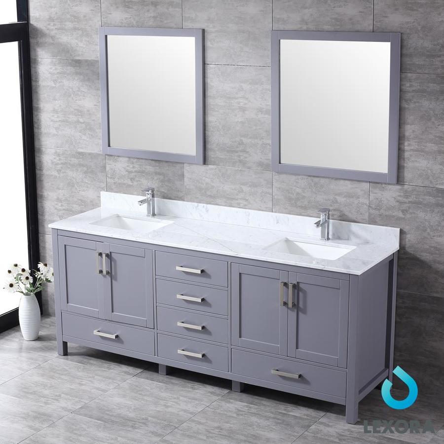 Jacques 80" Dark Grey Double Vanity, White Carrara Marble Top, White Square Sinks and 30" Mirrors w/ Faucets