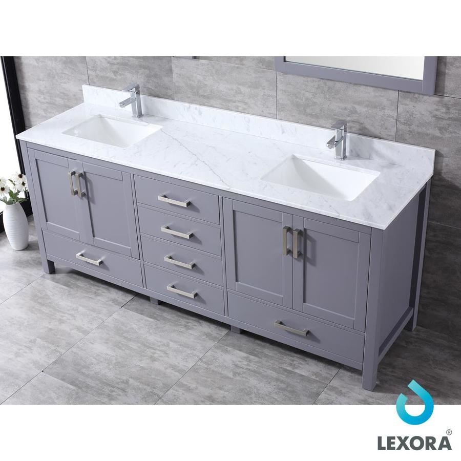 Jacques 80" Dark Grey Double Vanity, White Carrara Marble Top, White Square Sinks and 30" Mirrors w/ Faucets