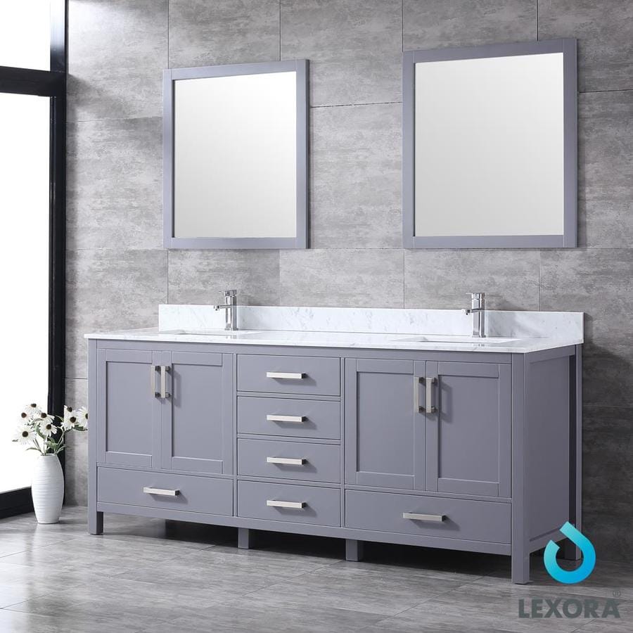 Jacques 80" Dark Grey Double Vanity, White Carrara Marble Top, White Square Sinks and 30" Mirrors w/ Faucets