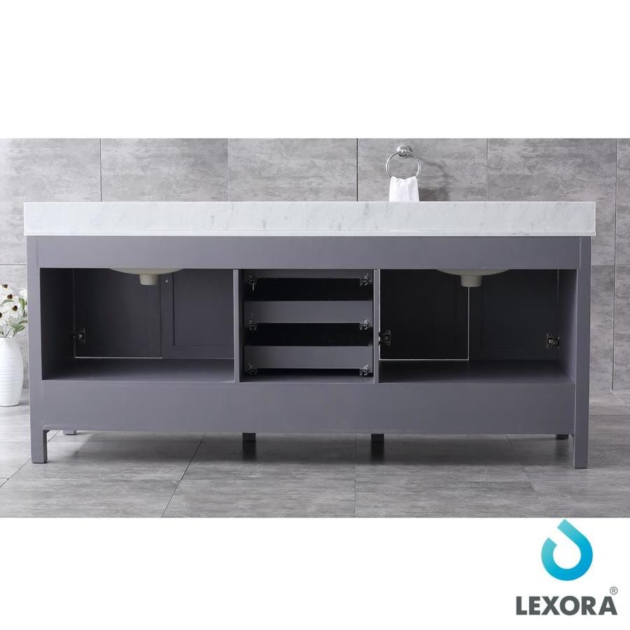 Jacques 80" Dark Grey Double Vanity, White Carrara Marble Top, White Square Sinks and 30" Mirrors w/ Faucets