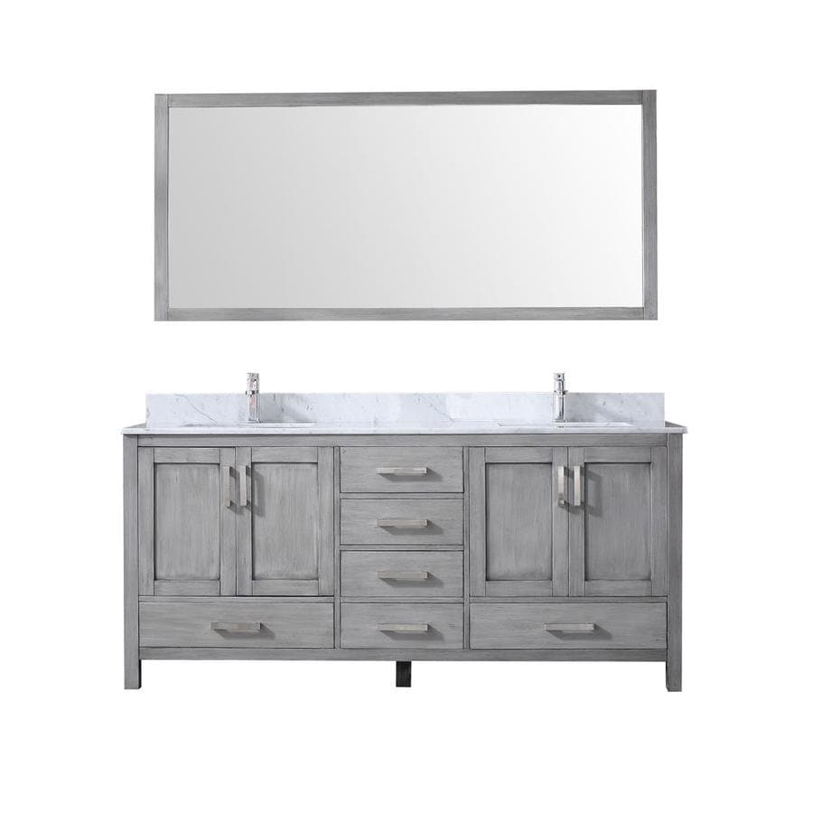 Jacques 72" Distressed Grey Double Vanity, White Carrara Marble Top, White Square Sinks and 70" Mirror w/ Faucets