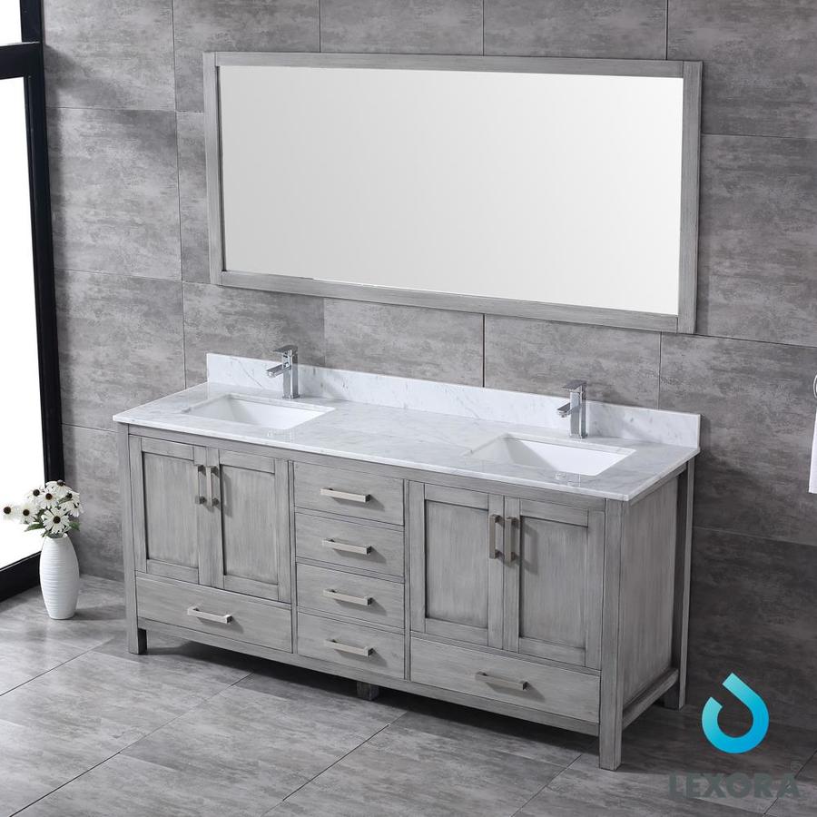 Jacques 72" Distressed Grey Double Vanity, White Carrara Marble Top, White Square Sinks and 70" Mirror w/ Faucets