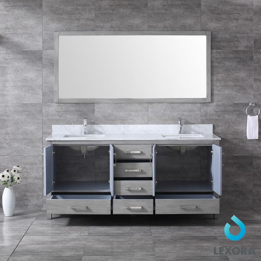 Jacques 72" Distressed Grey Double Vanity, White Carrara Marble Top, White Square Sinks and 70" Mirror w/ Faucets