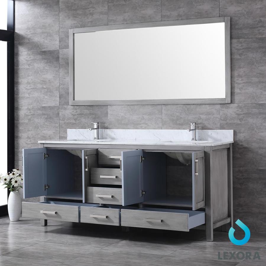 Jacques 72" Distressed Grey Double Vanity, White Carrara Marble Top, White Square Sinks and 70" Mirror w/ Faucets