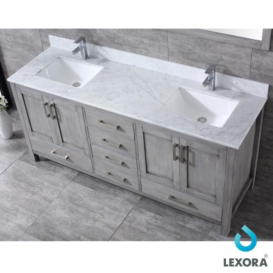 Jacques 72" Distressed Grey Double Vanity, White Carrara Marble Top, White Square Sinks and 70" Mirror w/ Faucets