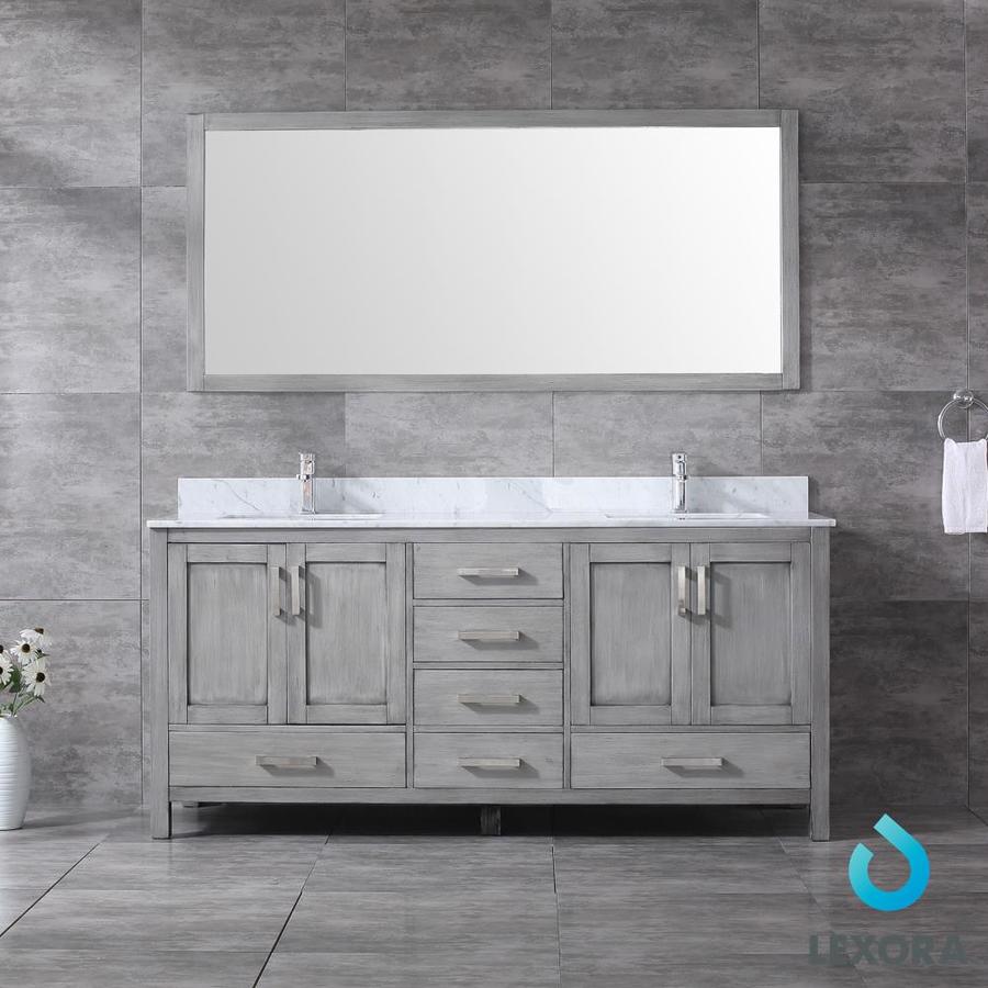 Jacques 72" Distressed Grey Double Vanity, White Carrara Marble Top, White Square Sinks and 70" Mirror w/ Faucets