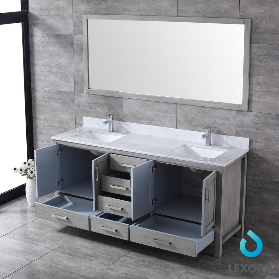 Jacques 72" Distressed Grey Double Vanity, White Carrara Marble Top, White Square Sinks and 70" Mirror w/ Faucets