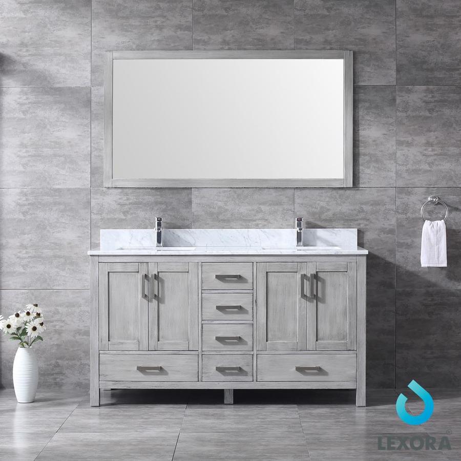 Jacques 60" Distressed Grey Double Vanity, White Carrara Marble Top, White Square Sinks and 58" Mirror w/ Faucets