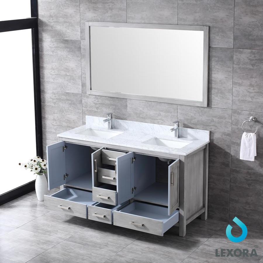 Jacques 60" Distressed Grey Double Vanity, White Carrara Marble Top, White Square Sinks and 58" Mirror w/ Faucets