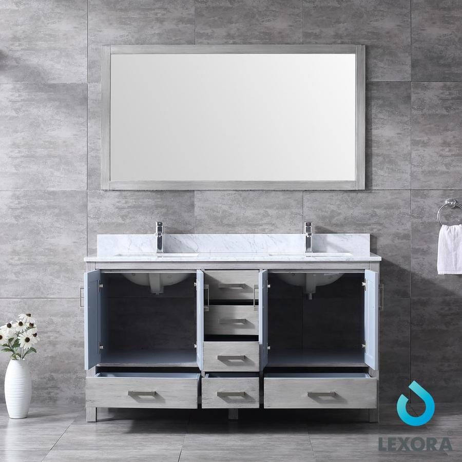 Jacques 60" Distressed Grey Double Vanity, White Carrara Marble Top, White Square Sinks and 58" Mirror w/ Faucets
