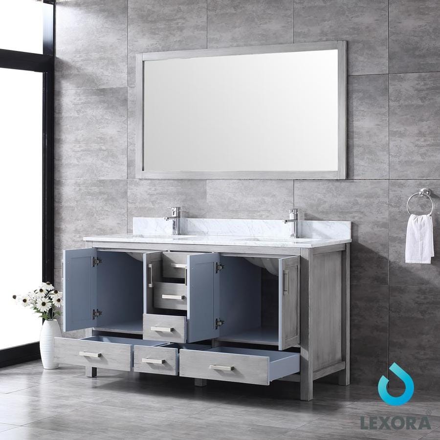 Jacques 60" Distressed Grey Double Vanity, White Carrara Marble Top, White Square Sinks and 58" Mirror w/ Faucets