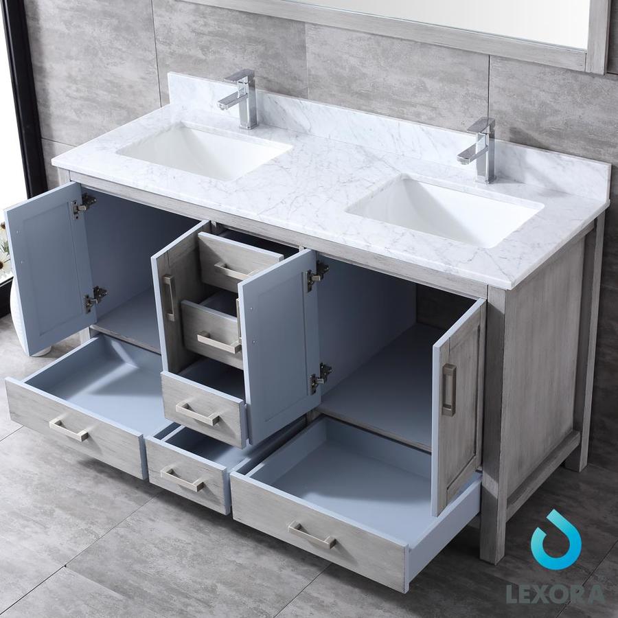 Jacques 60" Distressed Grey Double Vanity, White Carrara Marble Top, White Square Sinks and 58" Mirror w/ Faucets
