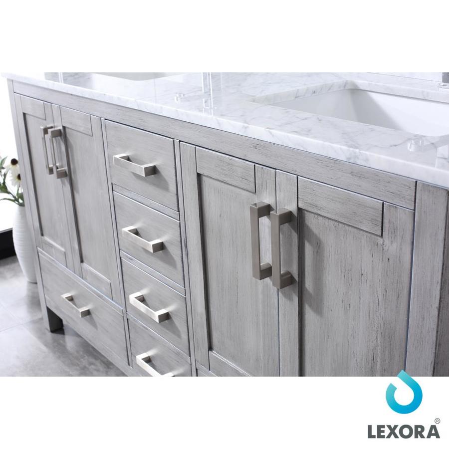 Jacques 60" Distressed Grey Double Vanity, White Carrara Marble Top, White Square Sinks and 58" Mirror w/ Faucets