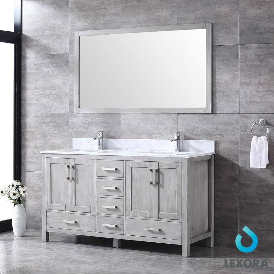 Jacques 60" Distressed Grey Double Vanity, White Carrara Marble Top, White Square Sinks and 58" Mirror w/ Faucets