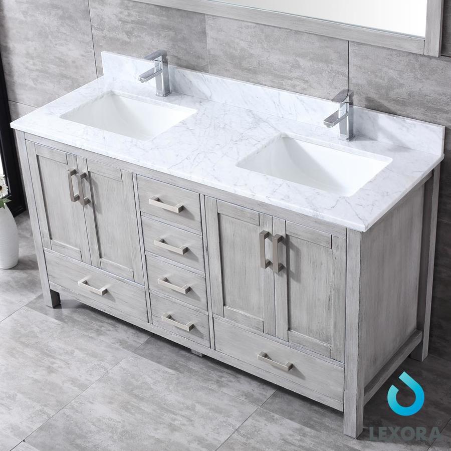 Jacques 60" Distressed Grey Double Vanity, White Carrara Marble Top, White Square Sinks and 58" Mirror w/ Faucets