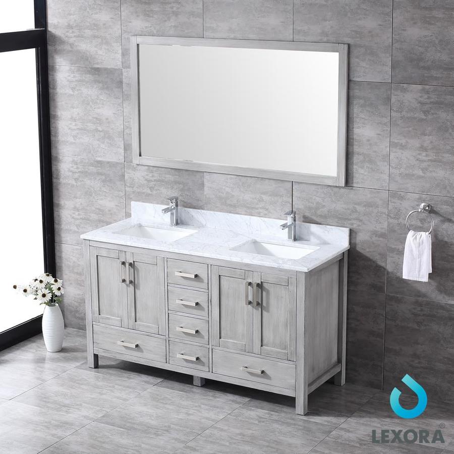 Jacques 60" Distressed Grey Double Vanity, White Carrara Marble Top, White Square Sinks and 58" Mirror w/ Faucets