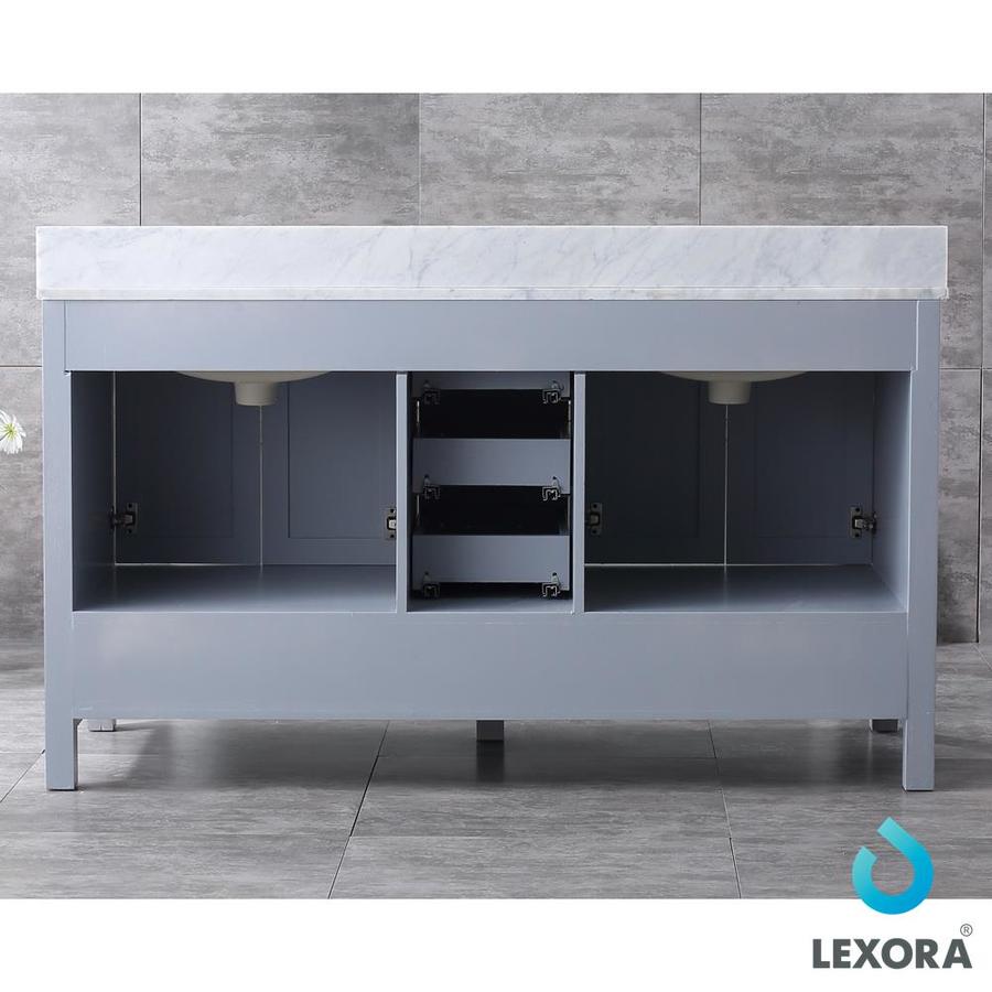 Jacques 60" Distressed Grey Double Vanity, White Carrara Marble Top, White Square Sinks and 58" Mirror w/ Faucets