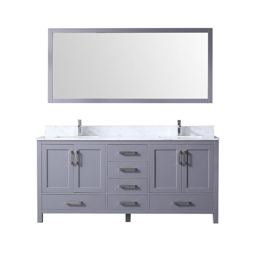 Jacques 72" Dark Grey Double Vanity, White Carrara Marble Top, White Square Sinks and 70" Mirror w/ Faucets
