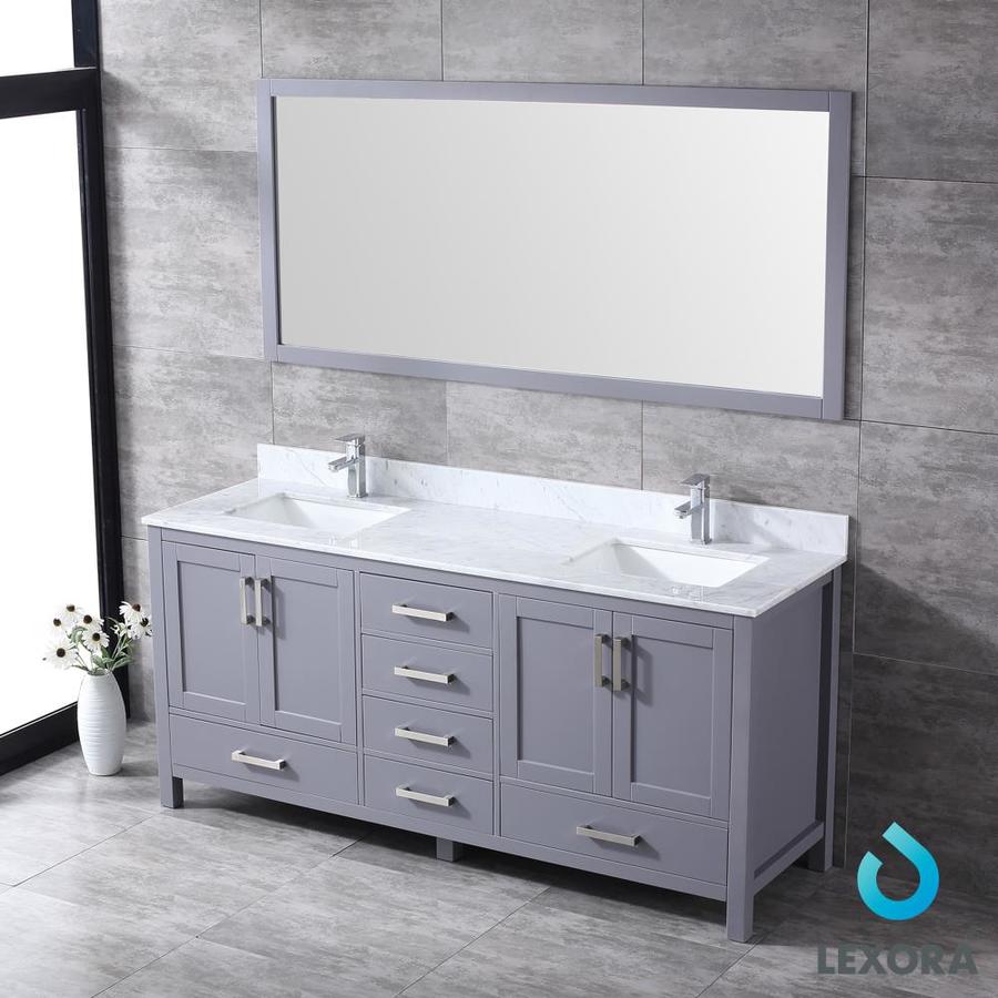 Jacques 72" Dark Grey Double Vanity, White Carrara Marble Top, White Square Sinks and 70" Mirror w/ Faucets