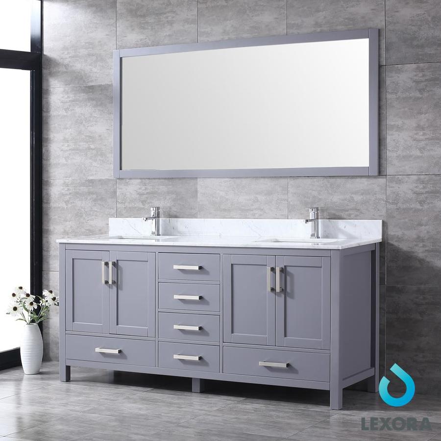 Jacques 72" Dark Grey Double Vanity, White Carrara Marble Top, White Square Sinks and 70" Mirror w/ Faucets