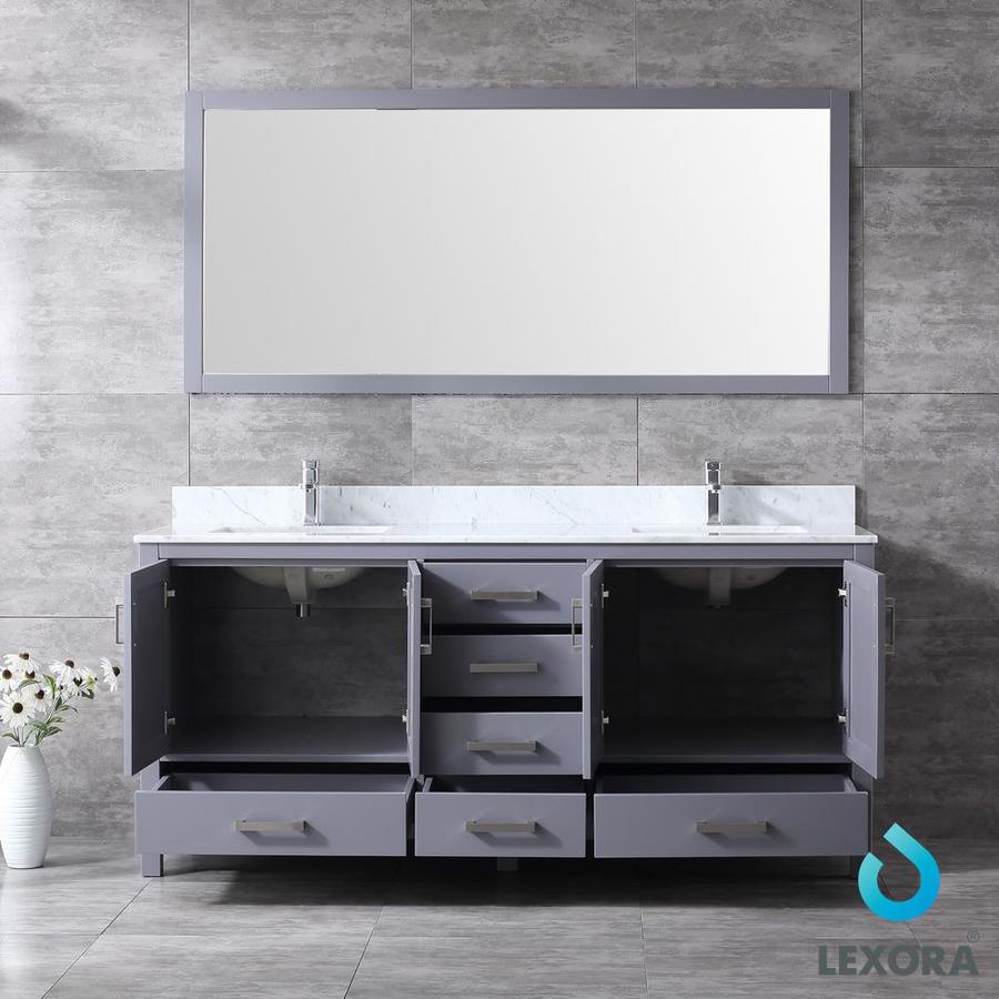 Jacques 72" Dark Grey Double Vanity, White Carrara Marble Top, White Square Sinks and 70" Mirror w/ Faucets