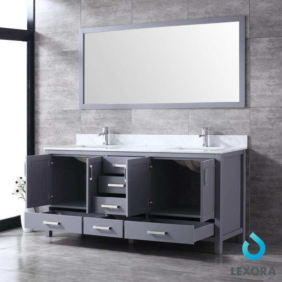 Jacques 72" Dark Grey Double Vanity, White Carrara Marble Top, White Square Sinks and 70" Mirror w/ Faucets