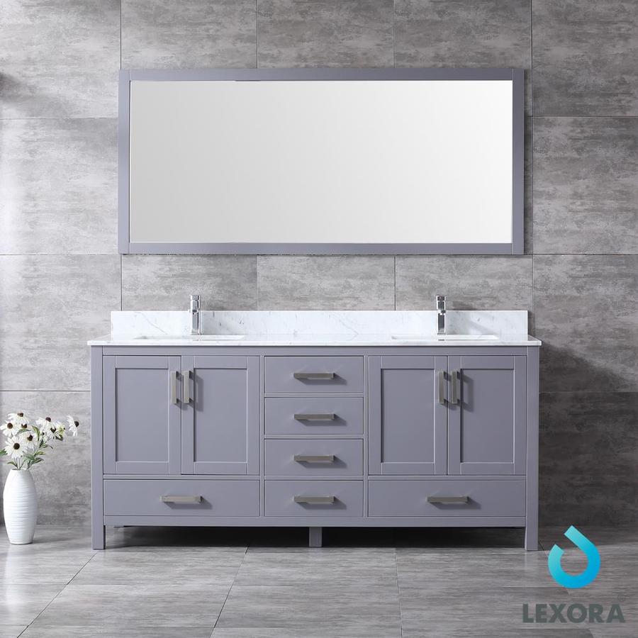 Jacques 72" Dark Grey Double Vanity, White Carrara Marble Top, White Square Sinks and 70" Mirror w/ Faucets