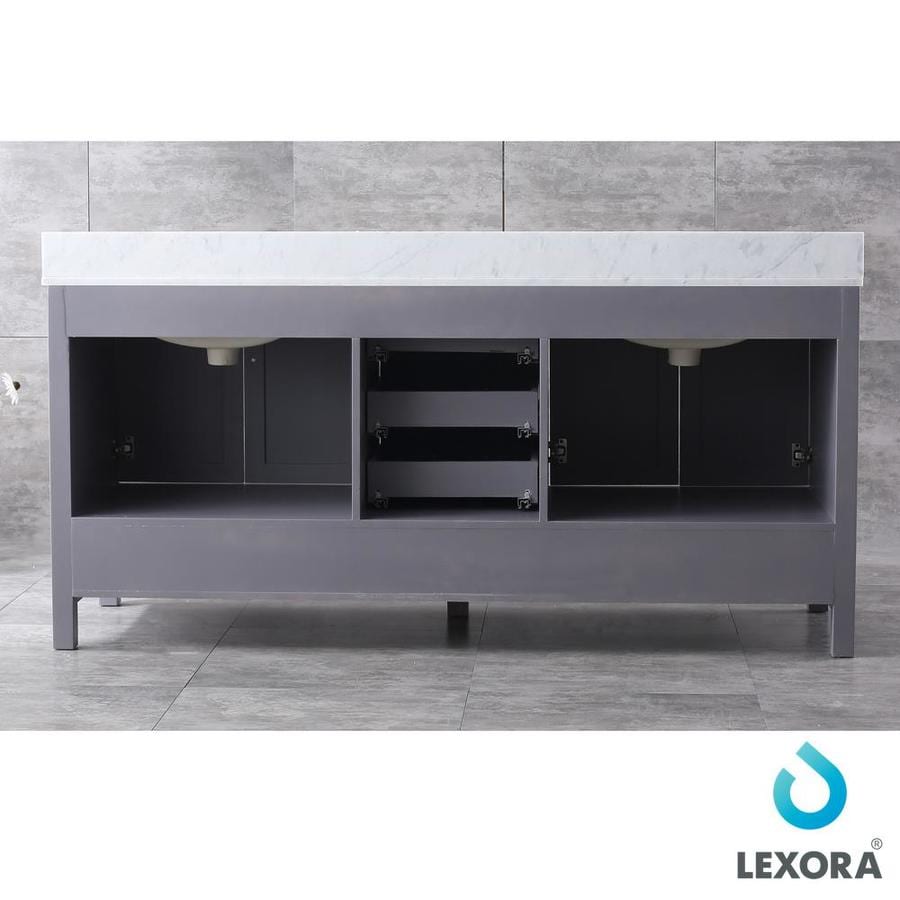 Jacques 72" Dark Grey Double Vanity, White Carrara Marble Top, White Square Sinks and 70" Mirror w/ Faucets