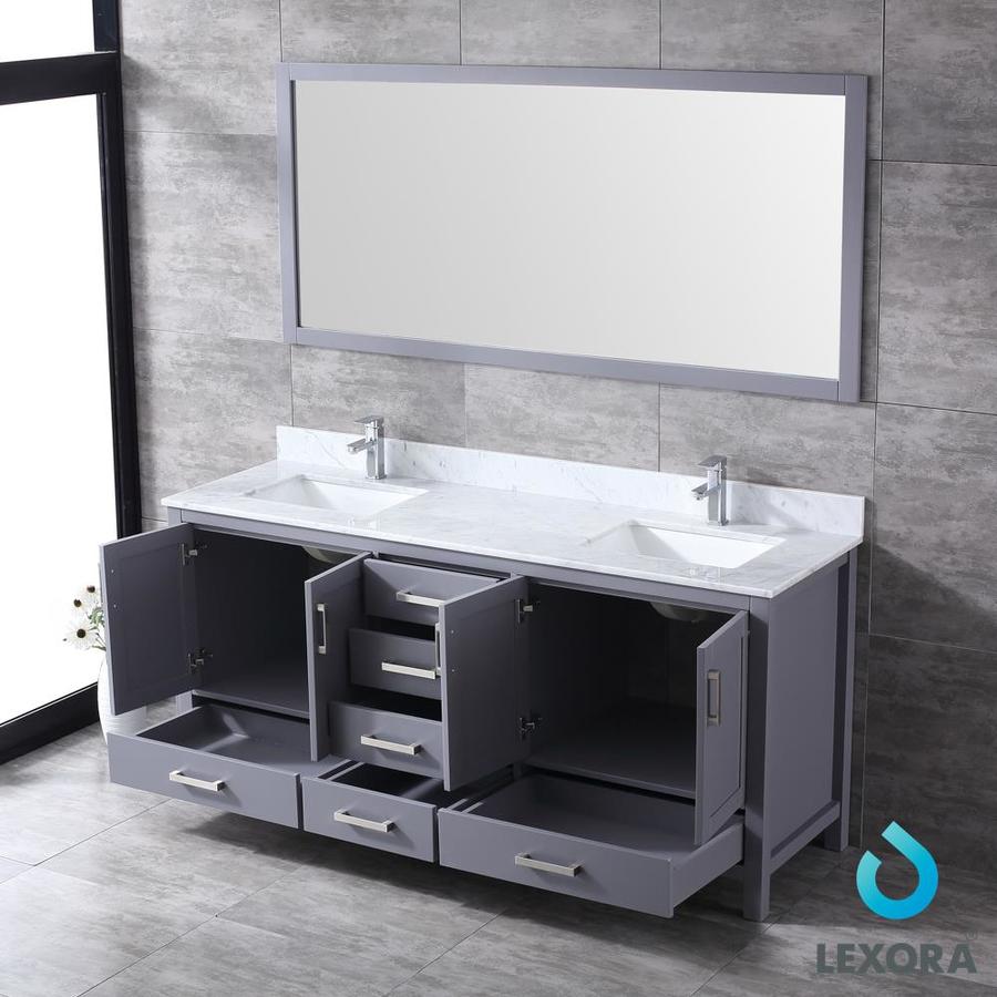 Jacques 72" Dark Grey Double Vanity, White Carrara Marble Top, White Square Sinks and 70" Mirror w/ Faucets