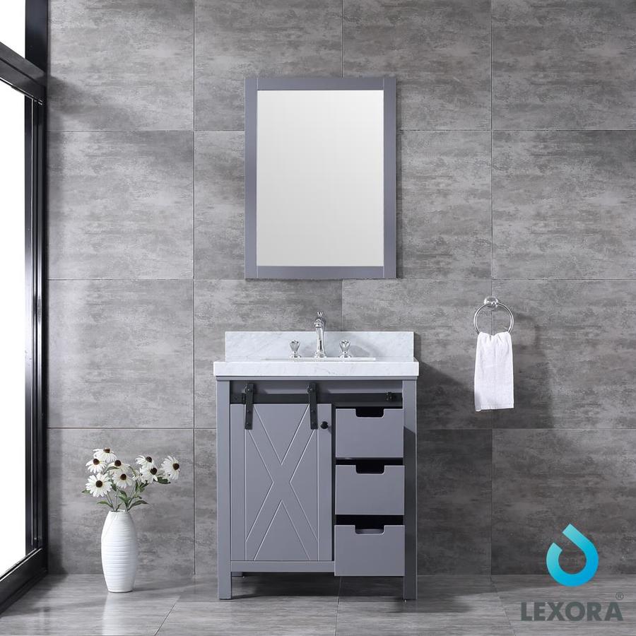 Marsyas 30" Dark Grey Single Vanity, White Carrara Marble Top, White Square Sink and 28" Mirror w/ Faucet