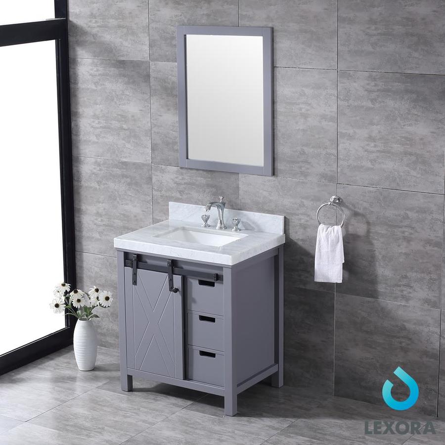 Marsyas 30" Dark Grey Single Vanity, White Carrara Marble Top, White Square Sink and 28" Mirror w/ Faucet