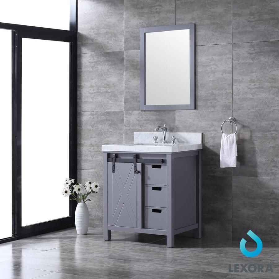 Marsyas 30" Dark Grey Single Vanity, White Carrara Marble Top, White Square Sink and 28" Mirror w/ Faucet