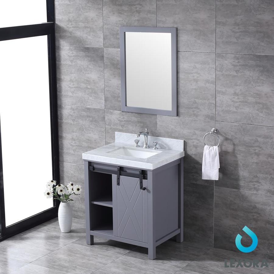 Marsyas 30" Dark Grey Single Vanity, White Carrara Marble Top, White Square Sink and 28" Mirror w/ Faucet