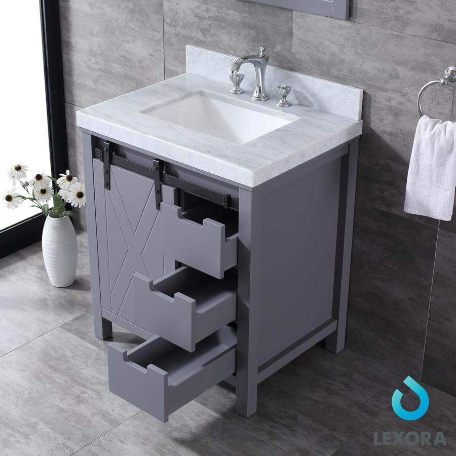 Marsyas 30" Dark Grey Single Vanity, White Carrara Marble Top, White Square Sink and 28" Mirror w/ Faucet