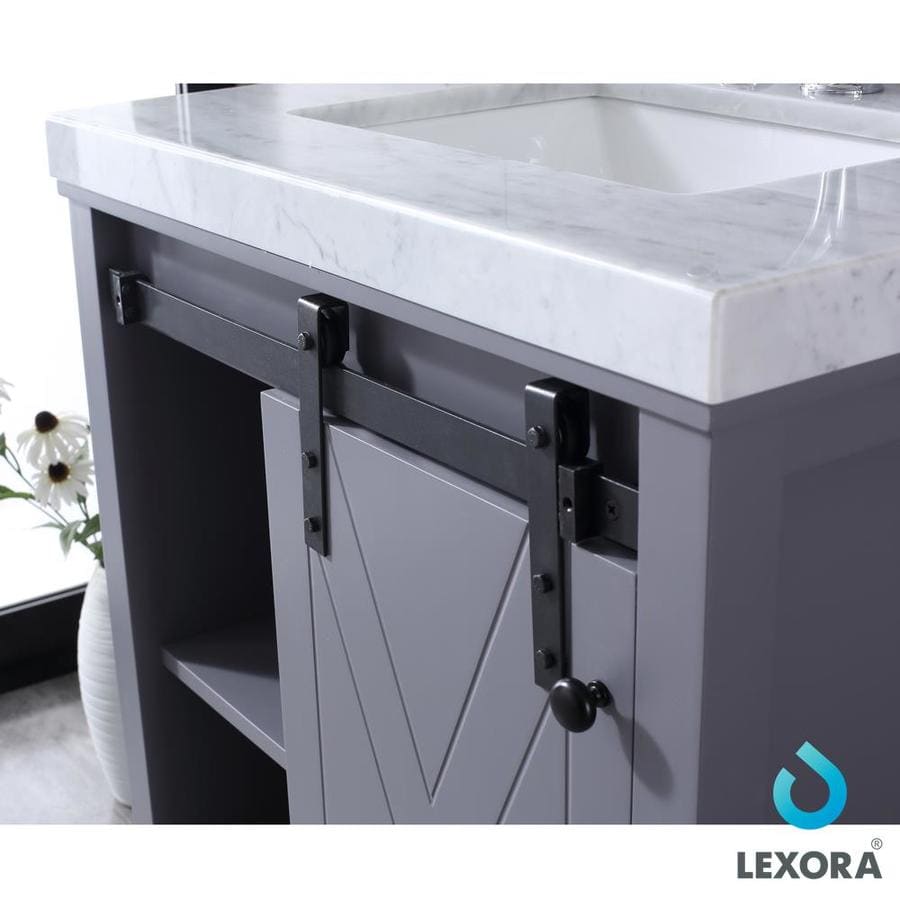 Marsyas 30" Dark Grey Single Vanity, White Carrara Marble Top, White Square Sink and 28" Mirror w/ Faucet