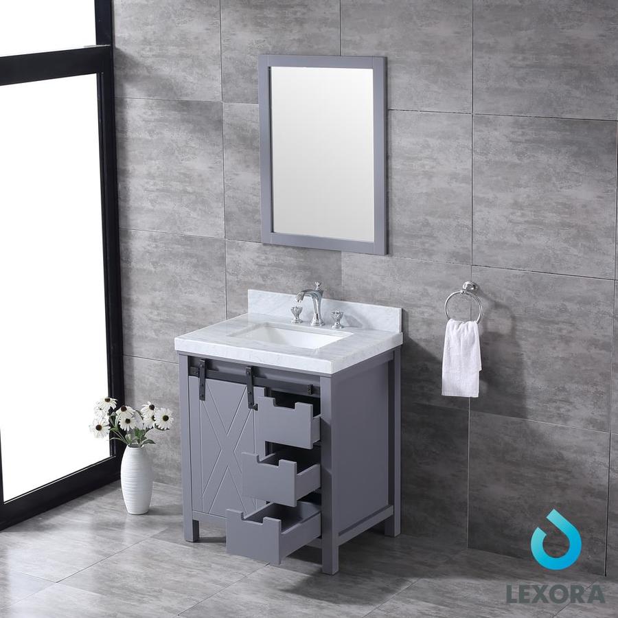Marsyas 30" Dark Grey Single Vanity, White Carrara Marble Top, White Square Sink and 28" Mirror w/ Faucet