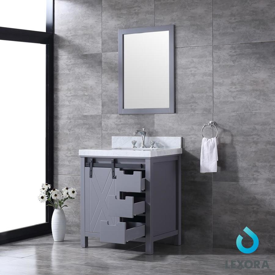 Marsyas 30" Dark Grey Single Vanity, White Carrara Marble Top, White Square Sink and 28" Mirror w/ Faucet