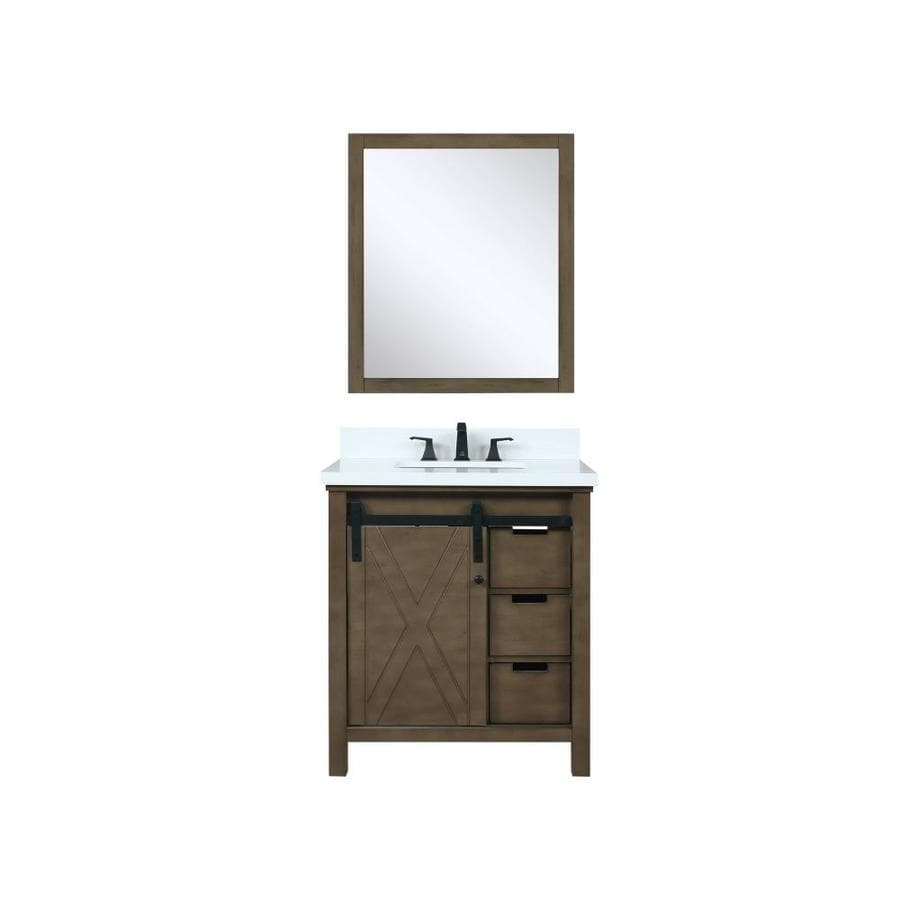 Marsyas 30" Rustic Brown Single Vanity, White Quartz Top, White Square Sink and 28" Mirror w/ Faucet